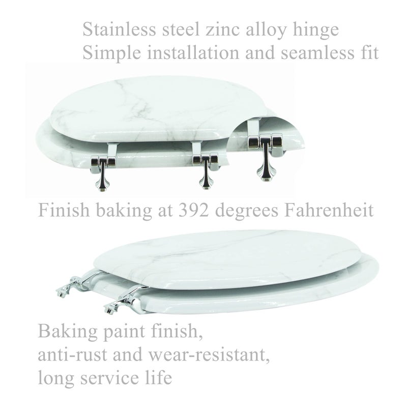 BLOFDE Elongated Toilet Seat Wood Toilet Seat Prevent Shifting with Zinc Alloy Hinges American Standard Size Toilet Seat Easy to Install also Easy to Clean(Elongated,Marble) - Image 2