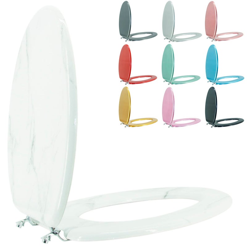 BLOFDE Elongated Toilet Seat Wood Toilet Seat Prevent Shifting with Zinc Alloy Hinges American Standard Size Toilet Seat Easy to Install also Easy to Clean(Elongated,Marble) - Image 1