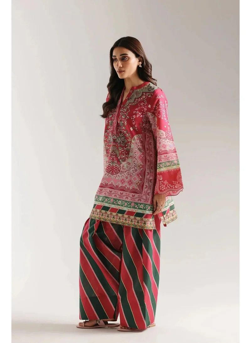BAZM Farshi Women's 2-Piece Printed Tunic and Striped Pants Set - Red