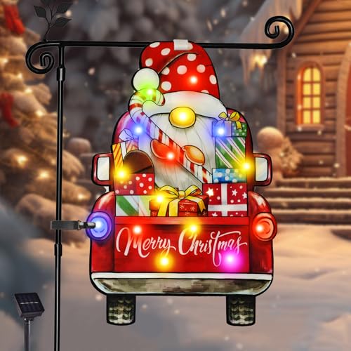 amadecohome Lighted Christmas Garden Flag12x18 8 Modes Double Sided Solar Christmas Decorations Outdoor LED Navidad Flag Yard Decorations for Xmas Patio Lawn Porch Dwarf Multicolor 12x18 - Image 1