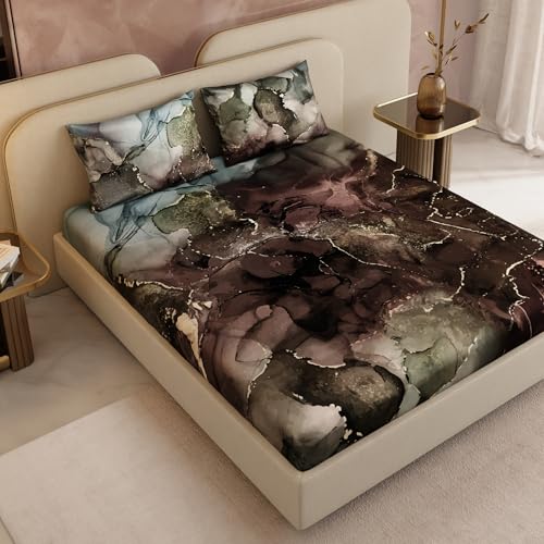 Stoa Paris 300TC UltraSatin King Bedsheet Set, 13” Drop Fitted Bedsheet with 2 Pillow Covers, Hypoallergenic, Wrinkle Free, Aesthetic Bedding, Home Decor, Gift, Louvre - Moss, Brown, Gold - Image 3