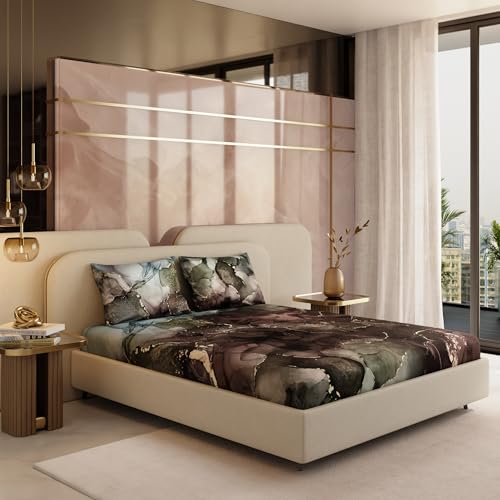 Stoa Paris 300TC UltraSatin King Bedsheet Set, 13” Drop Fitted Bedsheet with 2 Pillow Covers, Hypoallergenic, Wrinkle Free, Aesthetic Bedding, Home Decor, Gift, Louvre - Moss, Brown, Gold - Image 1
