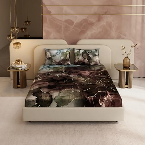 Stoa Paris 300TC UltraSatin King Bedsheet Set, 13” Drop Fitted Bedsheet with 2 Pillow Covers, Hypoallergenic, Wrinkle Free, Aesthetic Bedding, Home Decor, Gift, Louvre - Moss, Brown, Gold - Image 2