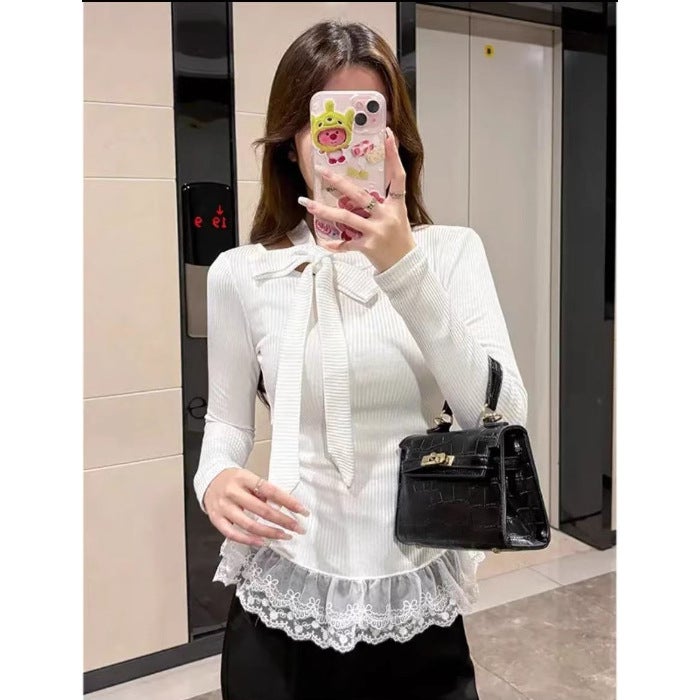 Ballet Style Beautiful All-match T-shirt Womens Autumn and Winter Niche Design Sense Bow Tie-up Hollow Slim-fit Base Shirt Trendy White - Image 1