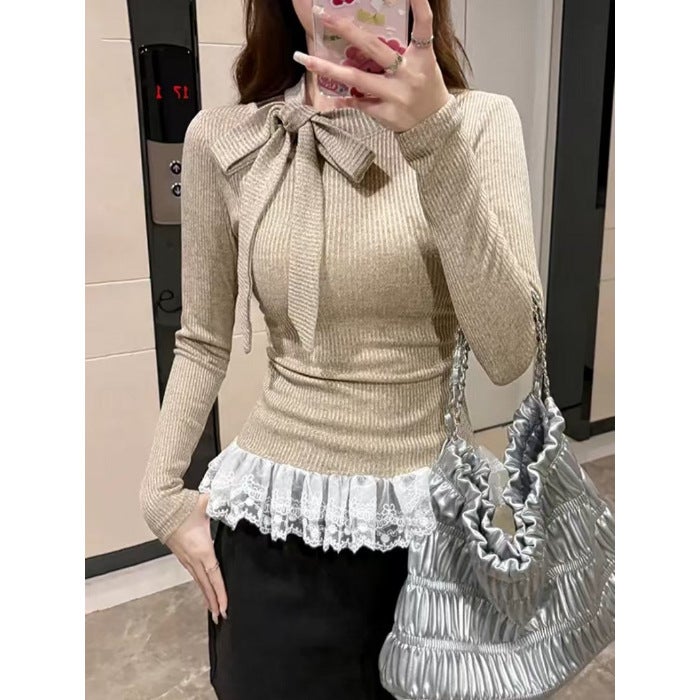 Ballet Style Beautiful All-match T-shirt Womens Autumn and Winter Niche Design Sense Bow Tie-up Hollow Slim-fit Base Shirt Trendy White - Image 3