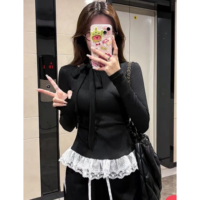 Ballet Style Beautiful All-match T-shirt Womens Autumn and Winter Niche Design Sense Bow Tie-up Hollow Slim-fit Base Shirt Trendy White - Image 2