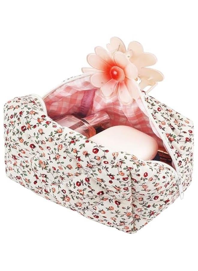 حقيبة مكياج مزخرفة كبيرة مزينة بالأزهار جميلة وكيس مكياج قطنية منتفخة لتنظيم مستحضرات التجميل، حقيبة سفر أنيقة لحفظ مستحضرات التجميل، حقيبة تخزين للتواليت للنساء والفتيات (برتقالي) - Image 1