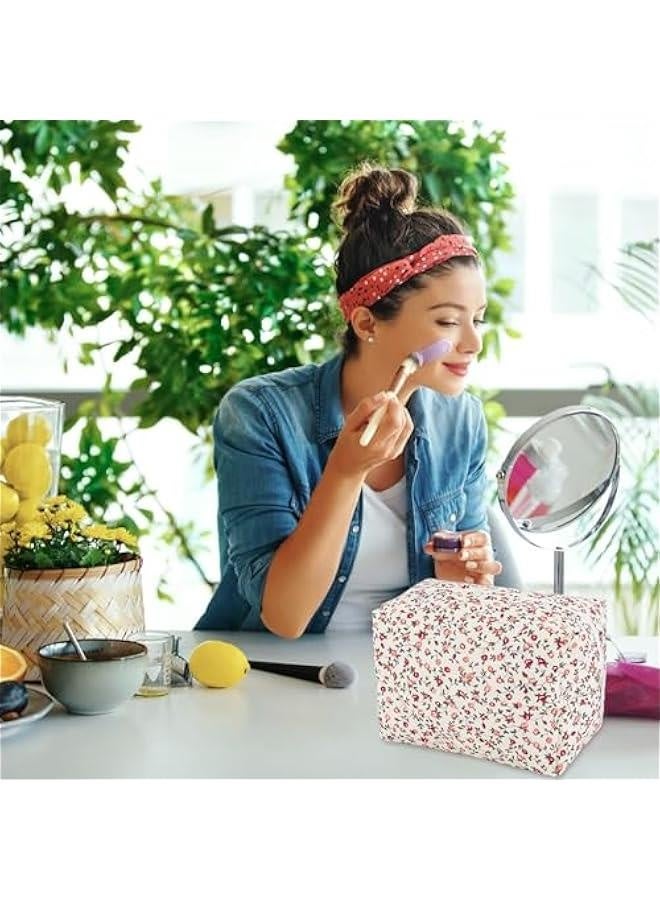 حقيبة مكياج مزخرفة كبيرة مزينة بالأزهار جميلة وكيس مكياج قطنية منتفخة لتنظيم مستحضرات التجميل، حقيبة سفر أنيقة لحفظ مستحضرات التجميل، حقيبة تخزين للتواليت للنساء والفتيات (برتقالي) - Image 2