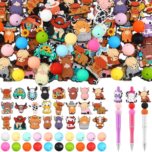 Ferreve 138 Pcs Highland Cow Silicone Beads 48 Highland Cows Charms 90 Complementary Bead for DIY Pen Keychain Jewelry Making Soft Silicone Craft Beads with Assorted Designs - Image 1