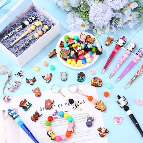 Ferreve 138 Pcs Highland Cow Silicone Beads 48 Highland Cows Charms 90 Complementary Bead for DIY Pen Keychain Jewelry Making Soft Silicone Craft Beads with Assorted Designs - Image 5