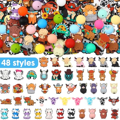 Ferreve 138 Pcs Highland Cow Silicone Beads 48 Highland Cows Charms 90 Complementary Bead for DIY Pen Keychain Jewelry Making Soft Silicone Craft Beads with Assorted Designs - Image 3
