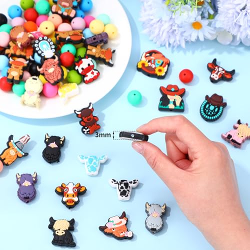 Ferreve 138 Pcs Highland Cow Silicone Beads 48 Highland Cows Charms 90 Complementary Bead for DIY Pen Keychain Jewelry Making Soft Silicone Craft Beads with Assorted Designs - Image 4