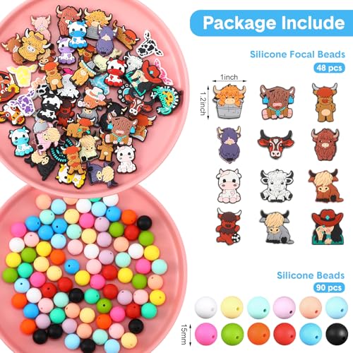 Ferreve 138 Pcs Highland Cow Silicone Beads 48 Highland Cows Charms 90 Complementary Bead for DIY Pen Keychain Jewelry Making Soft Silicone Craft Beads with Assorted Designs - Image 2