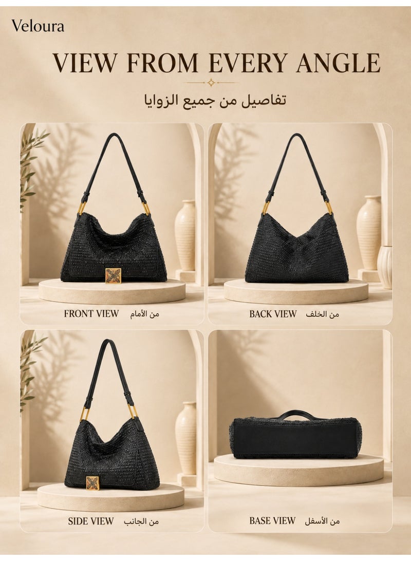 حقيبة كتف نسائية من بتصميم منسوج، حقيبة هوبو ناعمة بحزام قابل للتعديل وإكسسوارات بلون ذهبي، للاستخدام اليومي والعمل والتسوق، أسود - Image 1