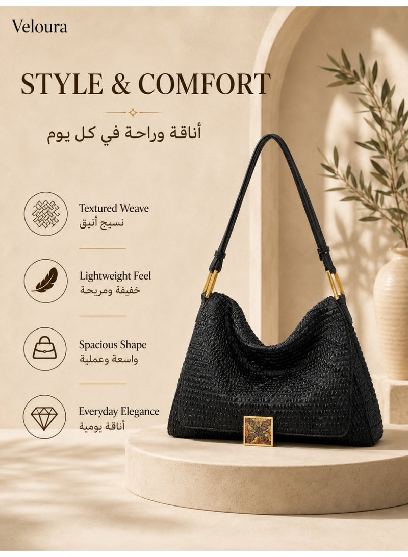 حقيبة كتف نسائية من بتصميم منسوج، حقيبة هوبو ناعمة بحزام قابل للتعديل وإكسسوارات بلون ذهبي، للاستخدام اليومي والعمل والتسوق، أسود - Image 3