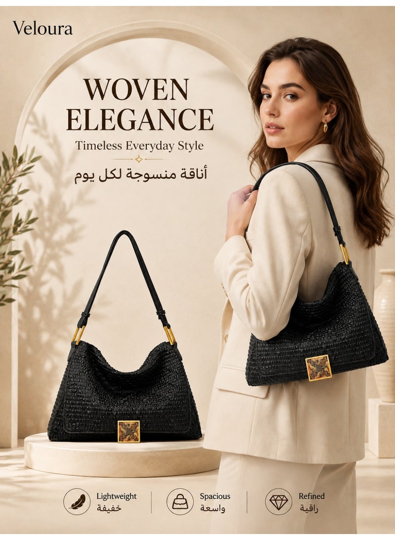 حقيبة كتف نسائية من بتصميم منسوج، حقيبة هوبو ناعمة بحزام قابل للتعديل وإكسسوارات بلون ذهبي، للاستخدام اليومي والعمل والتسوق، أسود - Image 5