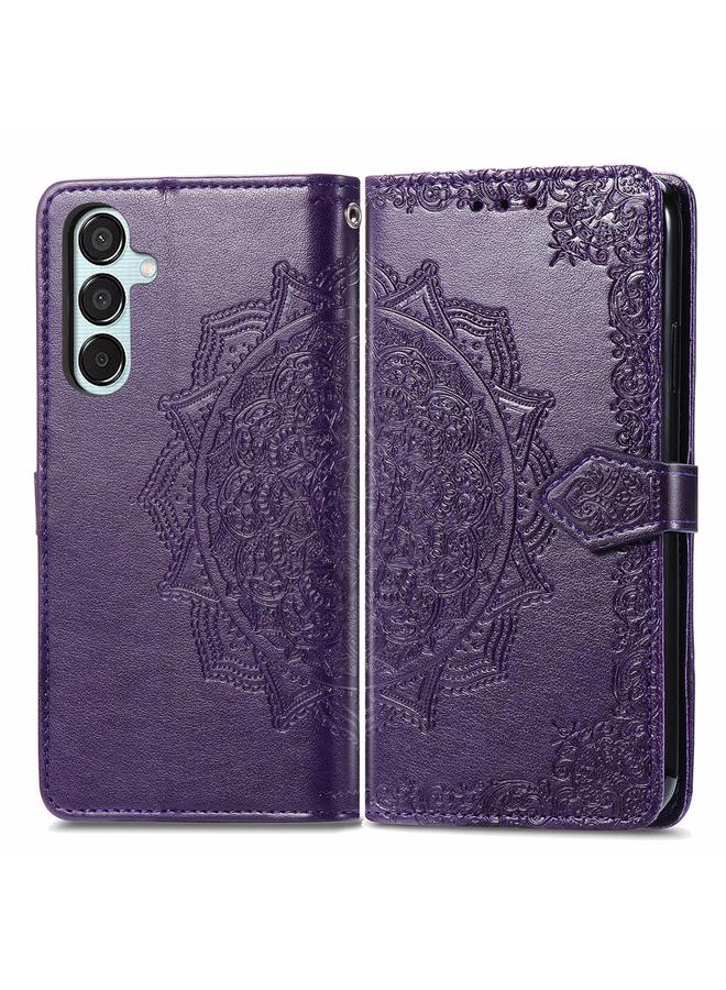 اس-توب جراب لهاتف Samsung Galaxy M15 مصنوع من الجلد المنقوش بزهرة ماندالا - Image 1