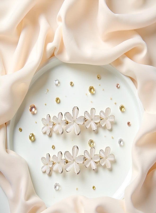Sluswallow 2Pcs Golden Flower Opal Hair Clips - Gold Sparkly Wedding Barrettes - Fancy Hair Pins - Valentines Wedding Prom Engagement Birthday Decorative Accessories for Women Girls - Thick Fine Hair - Image 2