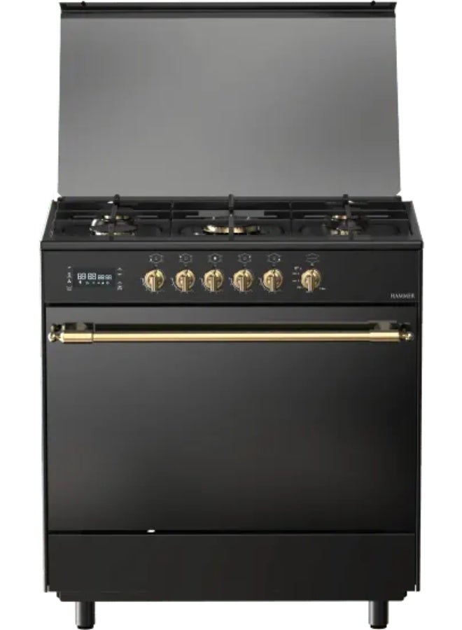 Fresh Hammer Rustic Gas Cooker with Touch Control - 90 x 60 cm, 5 Burners, Black/Gold - Image 1