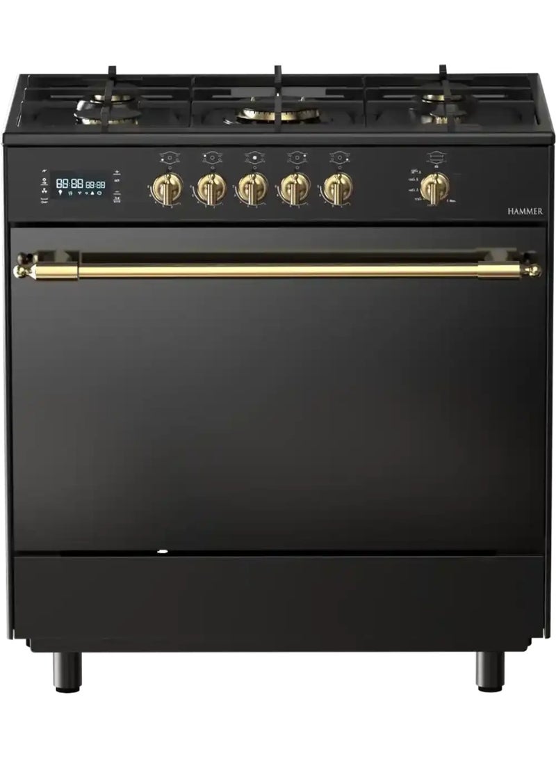 Fresh Hammer Rustic Gas Cooker with Touch Control - 90 x 60 cm, 5 Burners, Black/Gold - Image 2