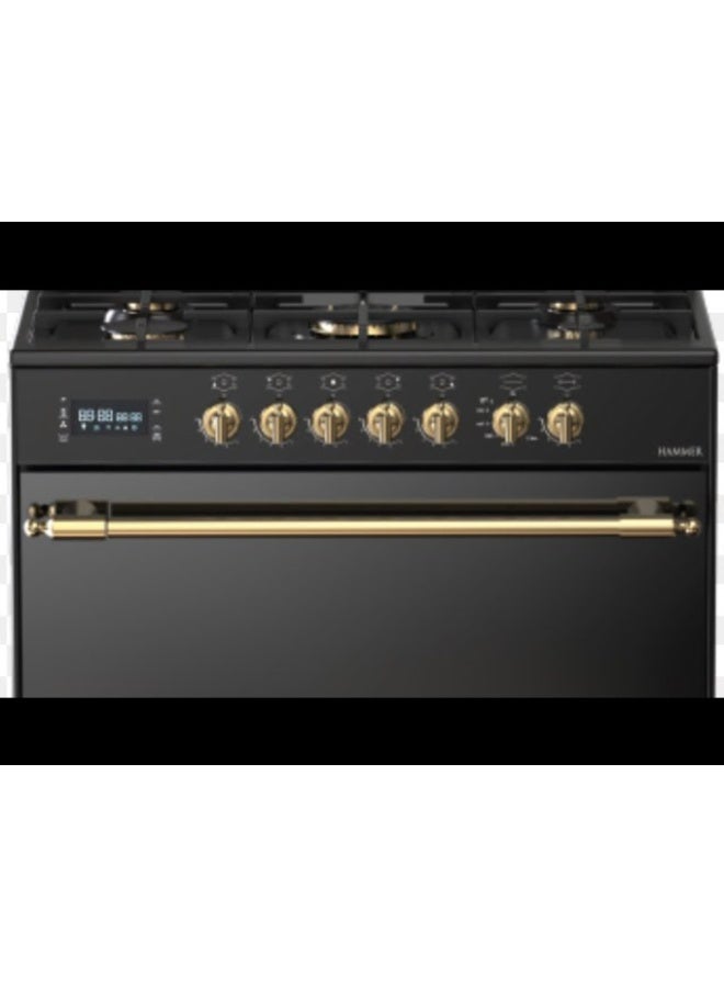 Fresh Hammer Rustic Gas Cooker with Touch Control - 90 x 60 cm, 5 Burners, Black/Gold - Image 3