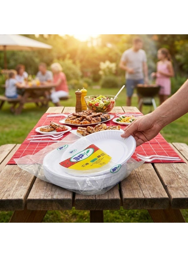 3P 26-inch round disposable plastic plates (50 pieces). Thick white disposable plastic plates, ideal for parties, events, travel, and home use. - Image 4