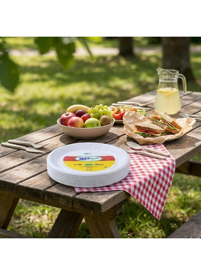 3P 26-inch round disposable plastic plates (50 pieces). Thick white disposable plastic plates, ideal for parties, events, travel, and home use. - Image 2