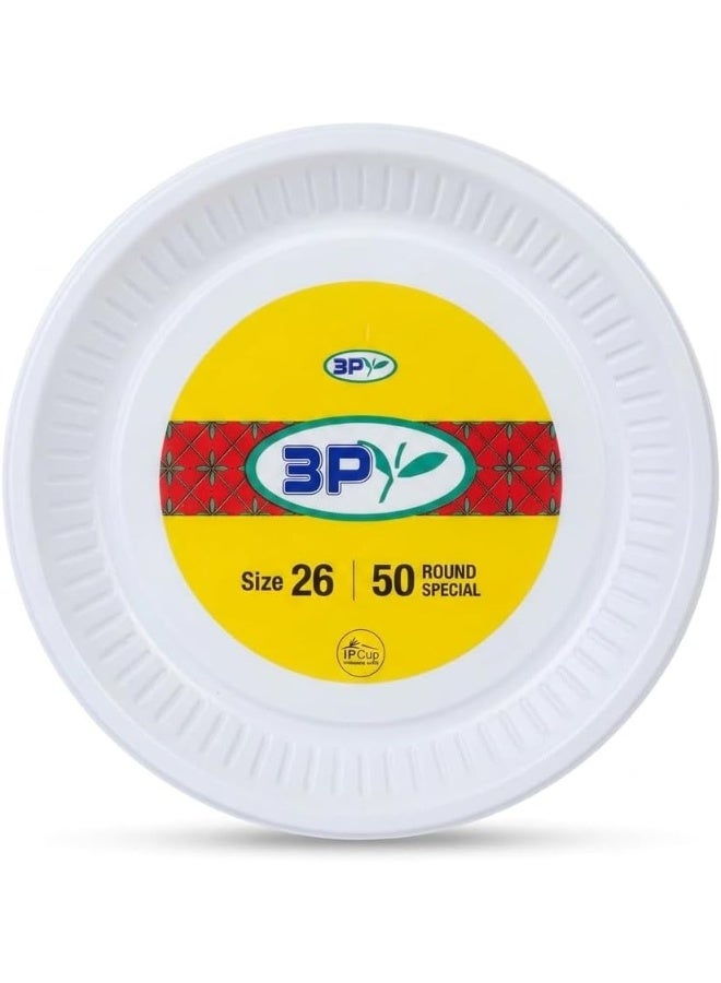 3P 26-inch round disposable plastic plates (50 pieces). Thick white disposable plastic plates, ideal for parties, events, travel, and home use. - Image 1