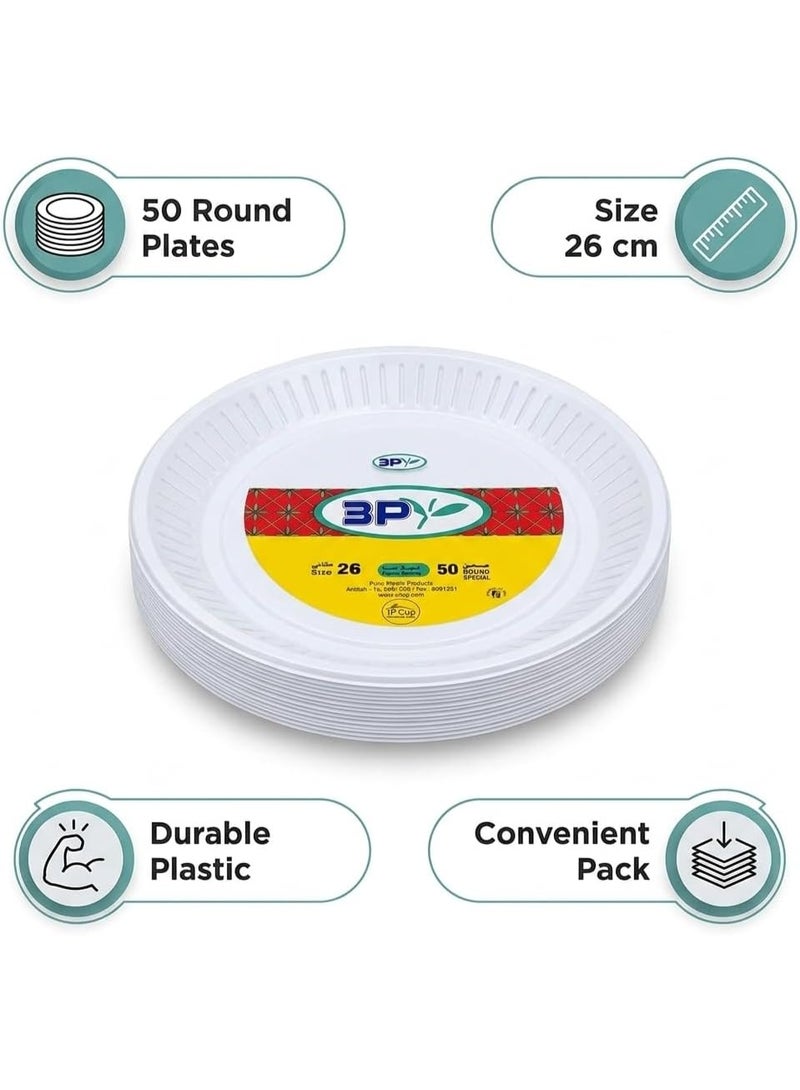 3P 26-inch round disposable plastic plates (50 pieces). Thick white disposable plastic plates, ideal for parties, events, travel, and home use. - Image 5