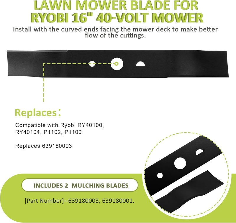 Foifatt 2 Pack 16in Lawn Mower Replacement Blade for Ryobi 40-Volt RY40104, P1102, P1100 Lawn Mower, Single Mulching Lawn Mower Blade Replaces 639180003 - Image 5