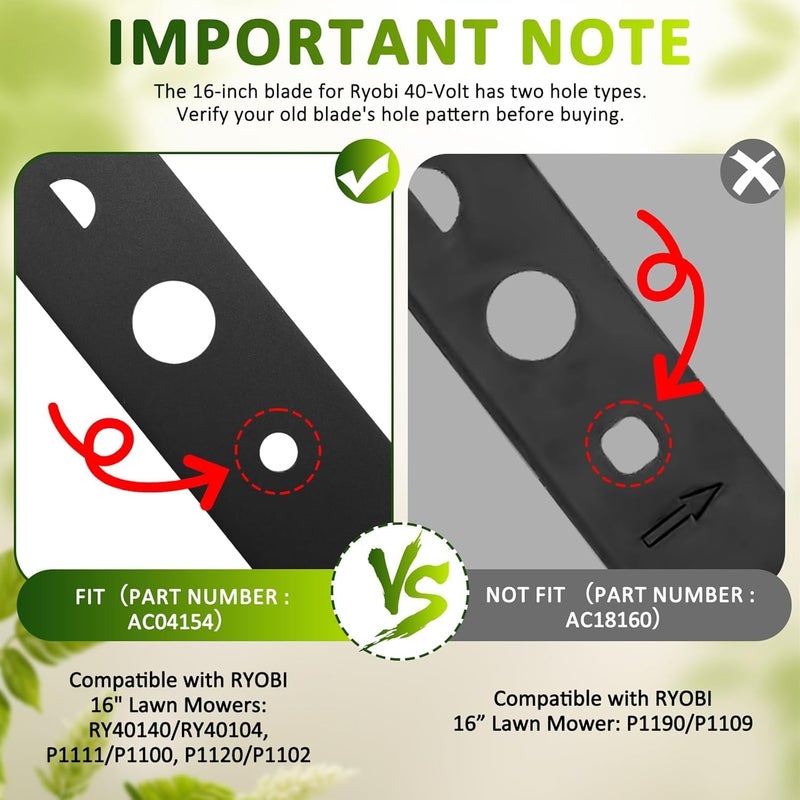 Foifatt 2 Pack 16in Lawn Mower Replacement Blade for Ryobi 40-Volt RY40104, P1102, P1100 Lawn Mower, Single Mulching Lawn Mower Blade Replaces 639180003 - Image 2