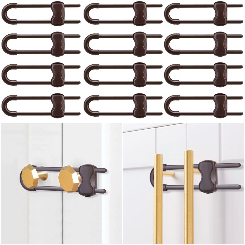 Modacraft 12 Packs Baby Proofing Sliding Cabinet Locks modacraft U-Shaped Child Safety Latches Adjustable White Locks for Handles Knobs Drawers Closet Cupboard - Brown - Image 1