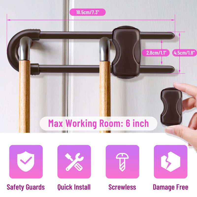Modacraft 12 Packs Baby Proofing Sliding Cabinet Locks modacraft U-Shaped Child Safety Latches Adjustable White Locks for Handles Knobs Drawers Closet Cupboard - Brown - Image 2