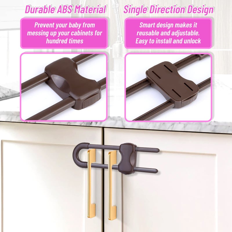 Modacraft 12 Packs Baby Proofing Sliding Cabinet Locks modacraft U-Shaped Child Safety Latches Adjustable White Locks for Handles Knobs Drawers Closet Cupboard - Brown - Image 4