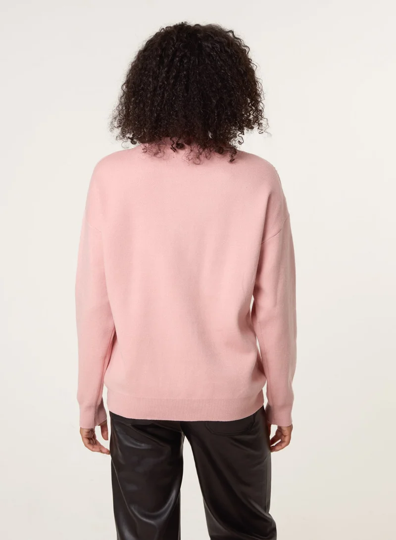 Blue Vanilla Diamante And Pearl Bow Knit Jumper