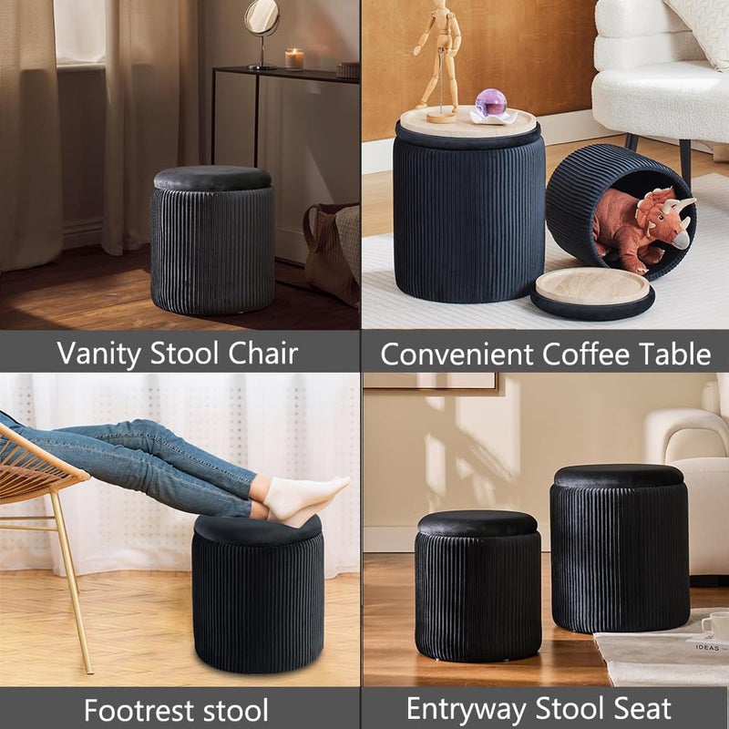 BLEXA Round Ottoman with Storage Set of 2-Upholstered Velvet Vanity Stool for Makeup Multifunctional Ottomans Coffee Table Padded Seat Foot Rest for Living Room&Bedroom (Black-Upgrade Taray Lid) - Image 4