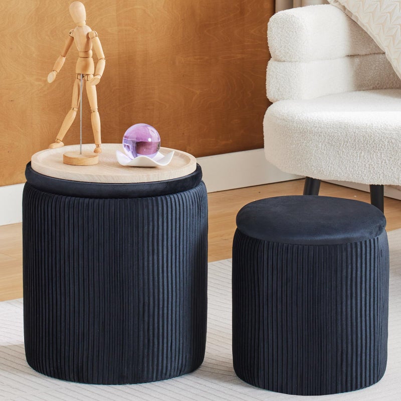 BLEXA Round Ottoman with Storage Set of 2-Upholstered Velvet Vanity Stool for Makeup Multifunctional Ottomans Coffee Table Padded Seat Foot Rest for Living Room&Bedroom (Black-Upgrade Taray Lid) - Image 1