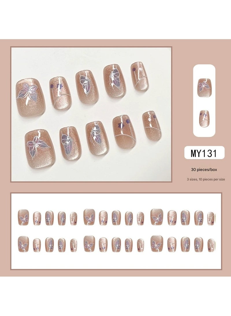 Goolsky 30pcs Crystal Cat Eye Press On Nails – Butterfly Design Gentle Pure Style Fake Nail Tips, Reusable, Daily/Casual Wear - Image 1