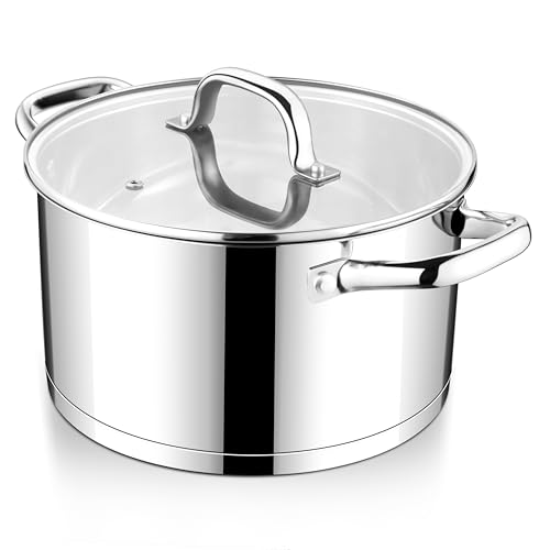 E-far Efar Stainless Steel Stock Pot 8 Quart Triply Base Cooking Pot with Glass Lid Induction Soup Pot Compatible with All Stoves Nontoxic Thick Bottom Oven Dishwasher Safe - Image 1