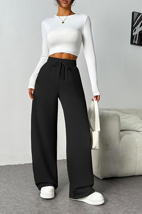ADBUCKS Women’s Fleece Wide Leg Sweatpants – High Waisted Athletic Winter Workout Pants with Pockets, Baggy Lounge Pants with Thermal Fleece Lining (in, Alpha, L, Black) - Image 3