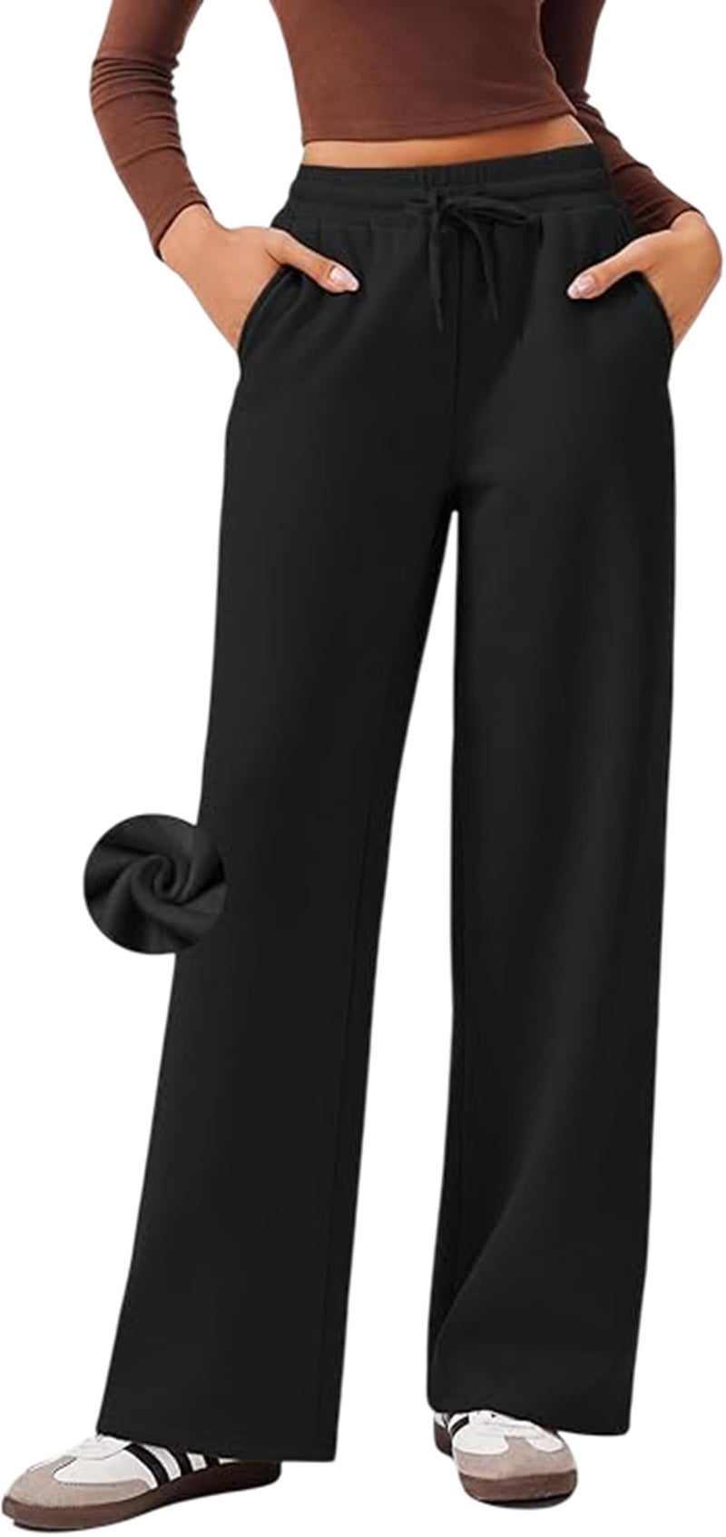 ADBUCKS Women’s Fleece Wide Leg Sweatpants – High Waisted Athletic Winter Workout Pants with Pockets, Baggy Lounge Pants with Thermal Fleece Lining (in, Alpha, L, Black) - Image 1