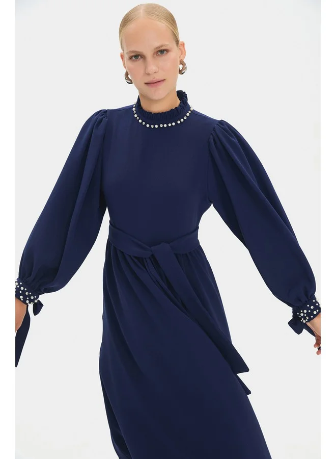 JUNE June Women High Neck Stone Detailed Balloon Sleeve Maxi Dress Navy