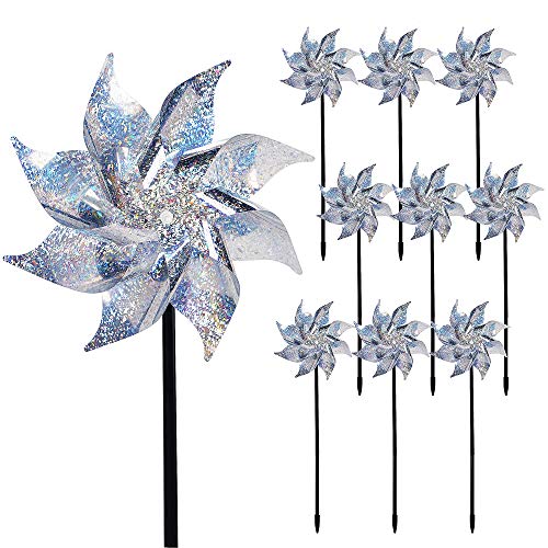 Hausse Hausse 10 Pack Reflective Pinwheels with Stakes Extra Sparkly Pinwheel for Garden Decor Bird Devices Deterrent to Scare Birds Away from Yard Patio Farm 