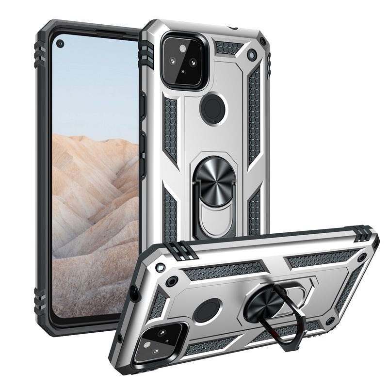 HuHa Case Cover For Google Pixel 5a 5G Shockproof TPU + PC Protective Case with 360 Degree Rotating Holder(Silver) - Image 1