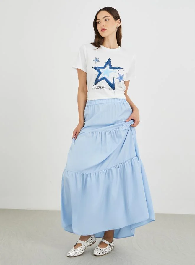 Take Two Take Two Blue Tiered Maxi Skirt with Elastic Waist