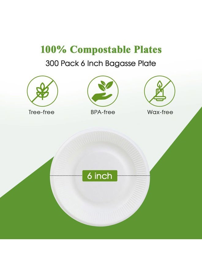 Vplus 100% Compostable Paper Plates, 300 Pack 6 Inch Disposable Paper Plates, Uncoated Biodegradable Plates Made of Sugar Cane Fibers, Perfect for Sandwich, Cake, and Snack - Image 3
