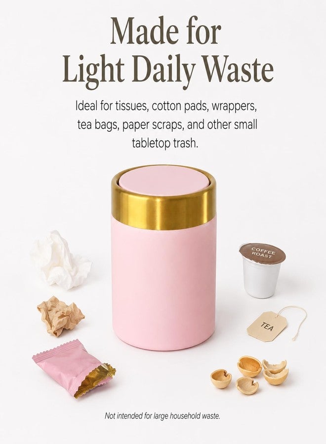 JILLICK Pink Mini Countertop Trash Can with Lid – Metal Tiny Makeup Vanity Swing-Top Waste Bin, 1.5 L / 0.40 Gal - Image 4