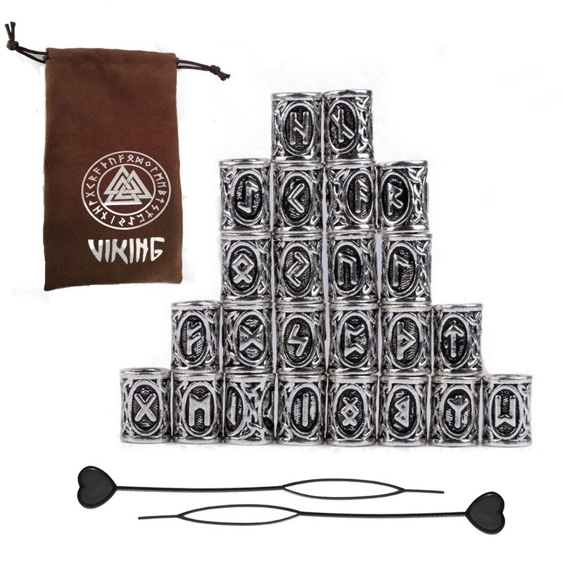 Modpion 24Pcs Norse Vikings Runes Hair Beard Beads for Bracelets Pendant Necklace DIY,Braiding Beads for Hair Braids Antique Silver Beard Ring Viking Beads Kits(Include 2Pcs Pull Hair Pin) - Image 1