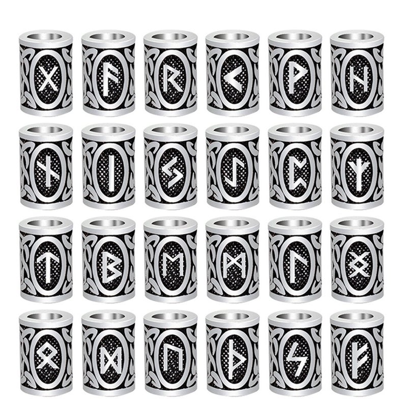 Modpion 24Pcs Norse Vikings Runes Hair Beard Beads for Bracelets Pendant Necklace DIY,Braiding Beads for Hair Braids Antique Silver Beard Ring Viking Beads Kits(Include 2Pcs Pull Hair Pin) - Image 4