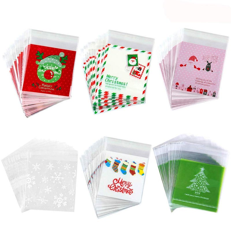 gdy 300 Pcs Christmas SelfAdhesive Candy Bag Cookie Bag with Snowflake Elk Sock Pattern for Party Supplies Decoration